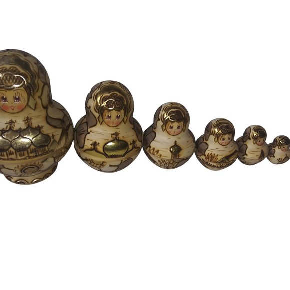 VTG MATRYOSHKA Gold Hand Painted Wood Burned Russian Nesting Dolls Set of 9 - Picture 3 of 12